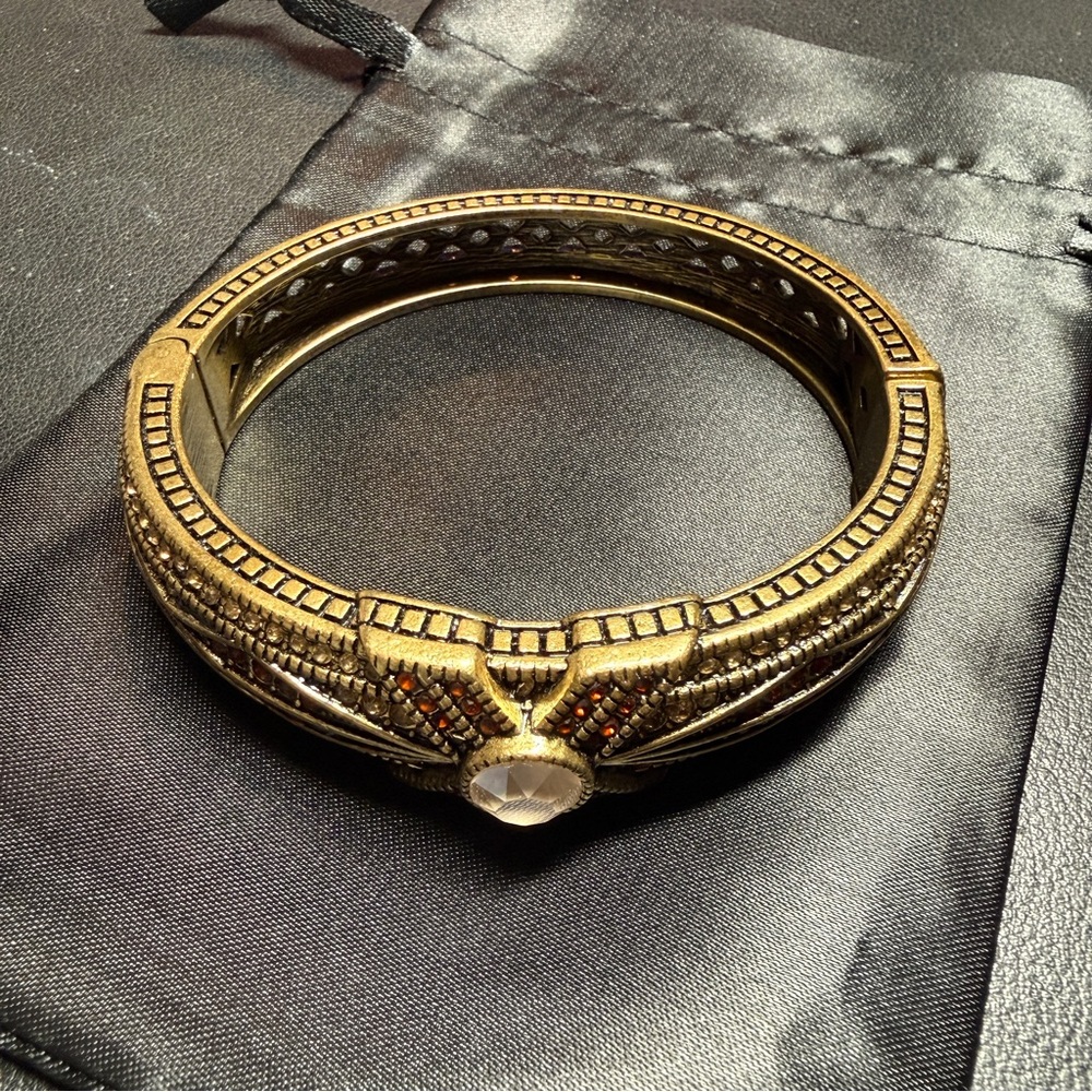 90s Heidi Daus Signed Tapered X Crystals Hinged Clamper Bracelet Antiqued Bronze